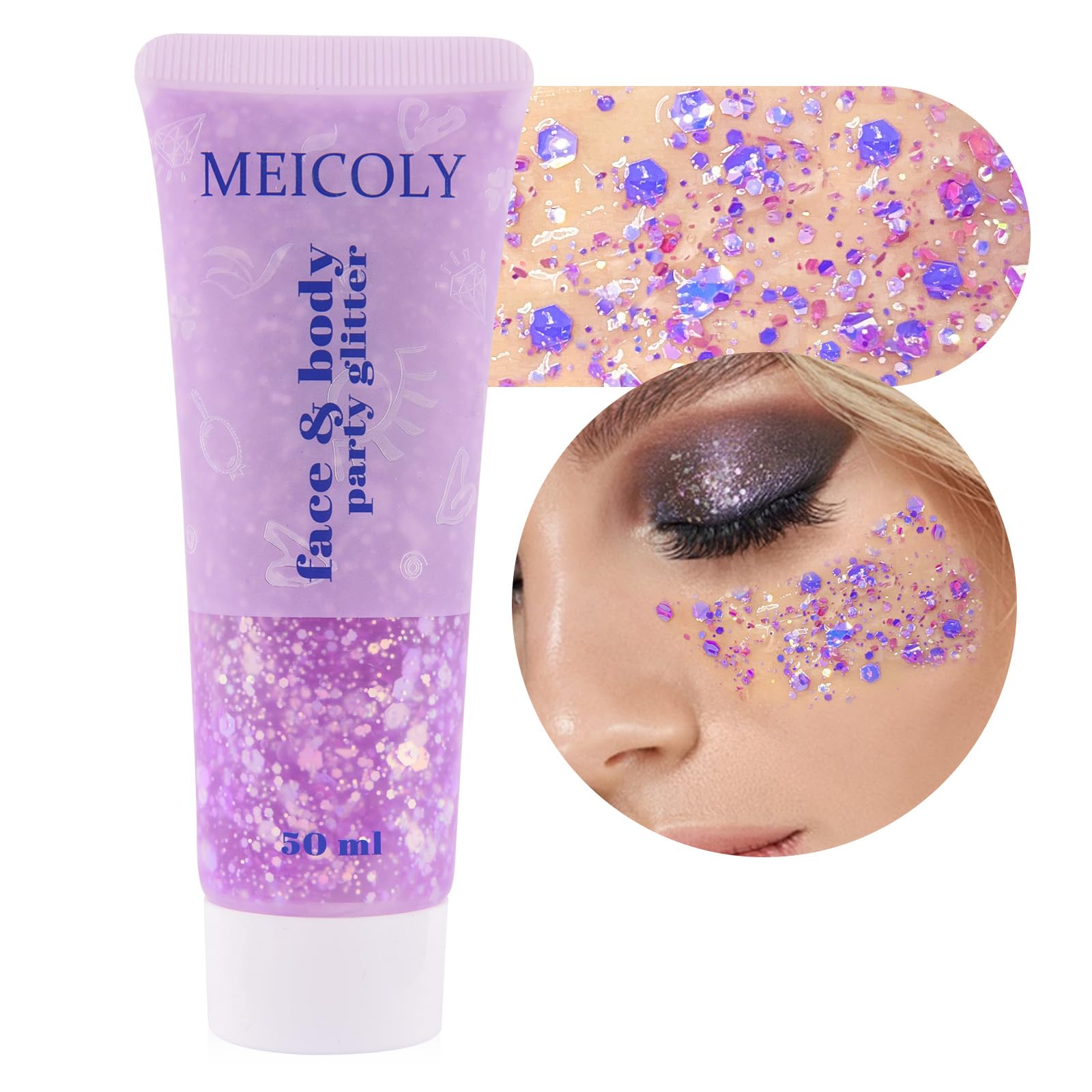 MEICOLY front tube showing label and purple holographic gel for clear product ID and appeal