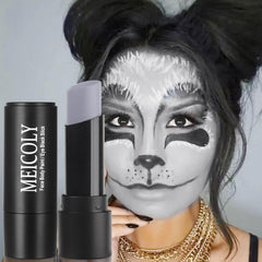 MEICOLY full-face grayscale cosplay look showing dramatic SFX impact