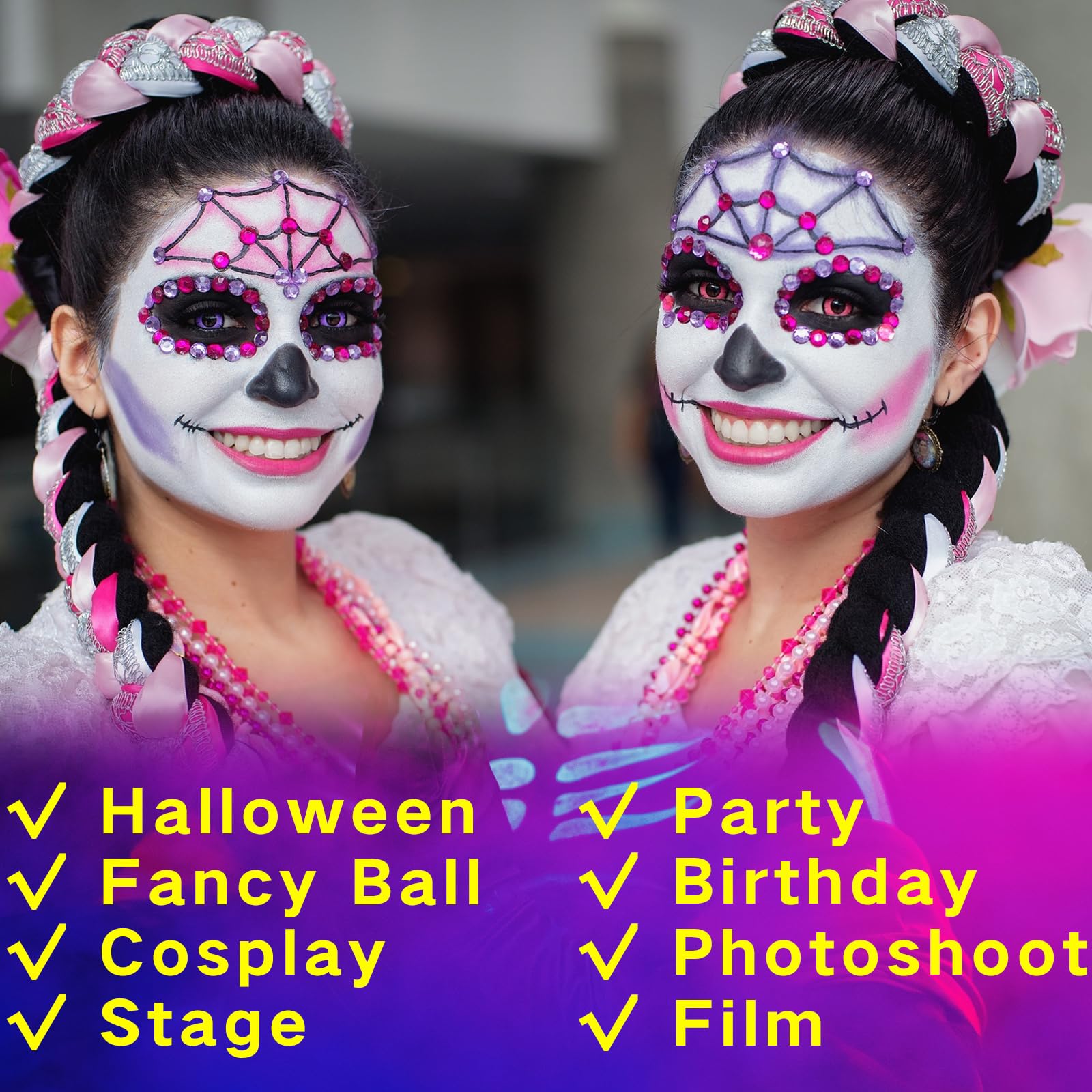 Model wearing MEICOLY paints as skeleton makeup for dramatic costume impact