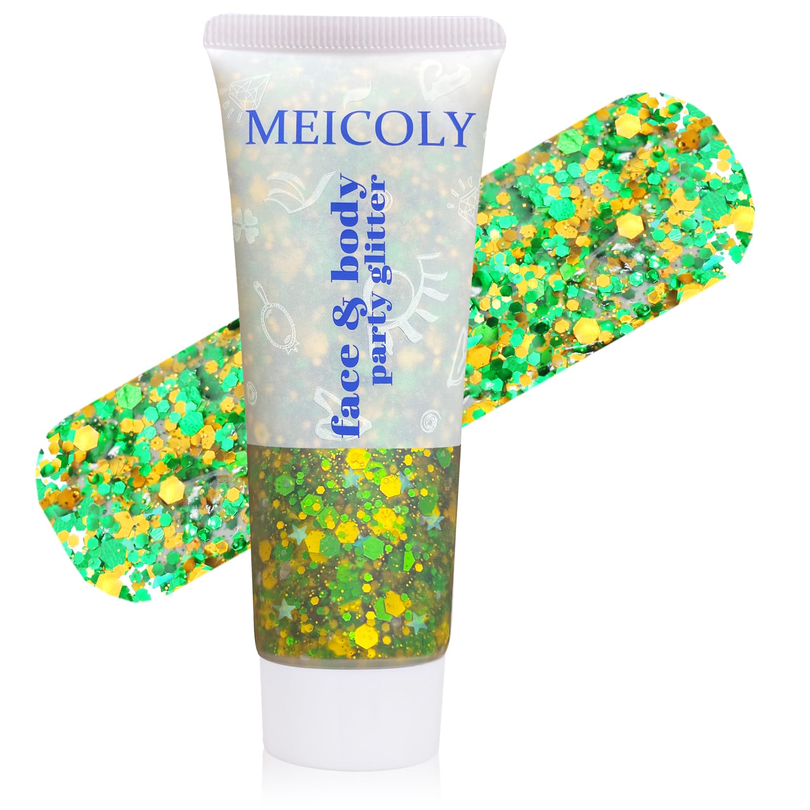 MEICOLY front jar showing green and gold glitter for bold festival looks