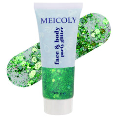 MEICOLY jar front label showing green holographic glitter, clear product benefit