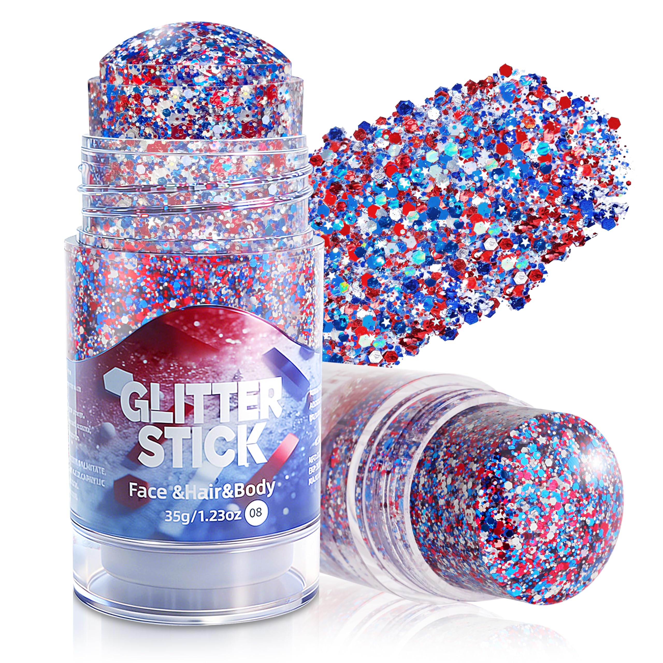 MEICOLY front packaging showing patriotic red white blue glitter stick for easy selection