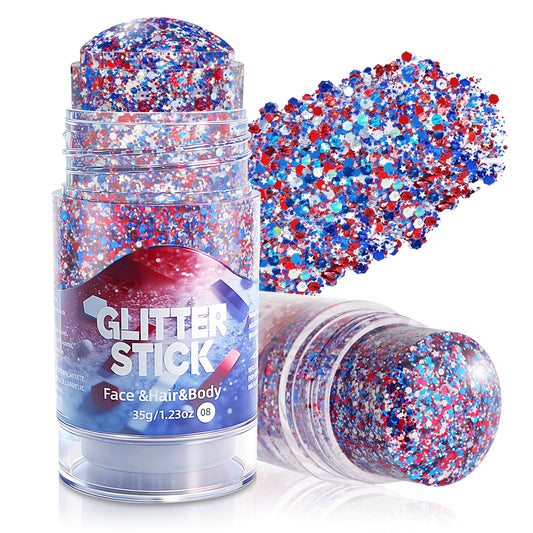 MEICOLY front packaging showing patriotic red white blue glitter stick for easy selection