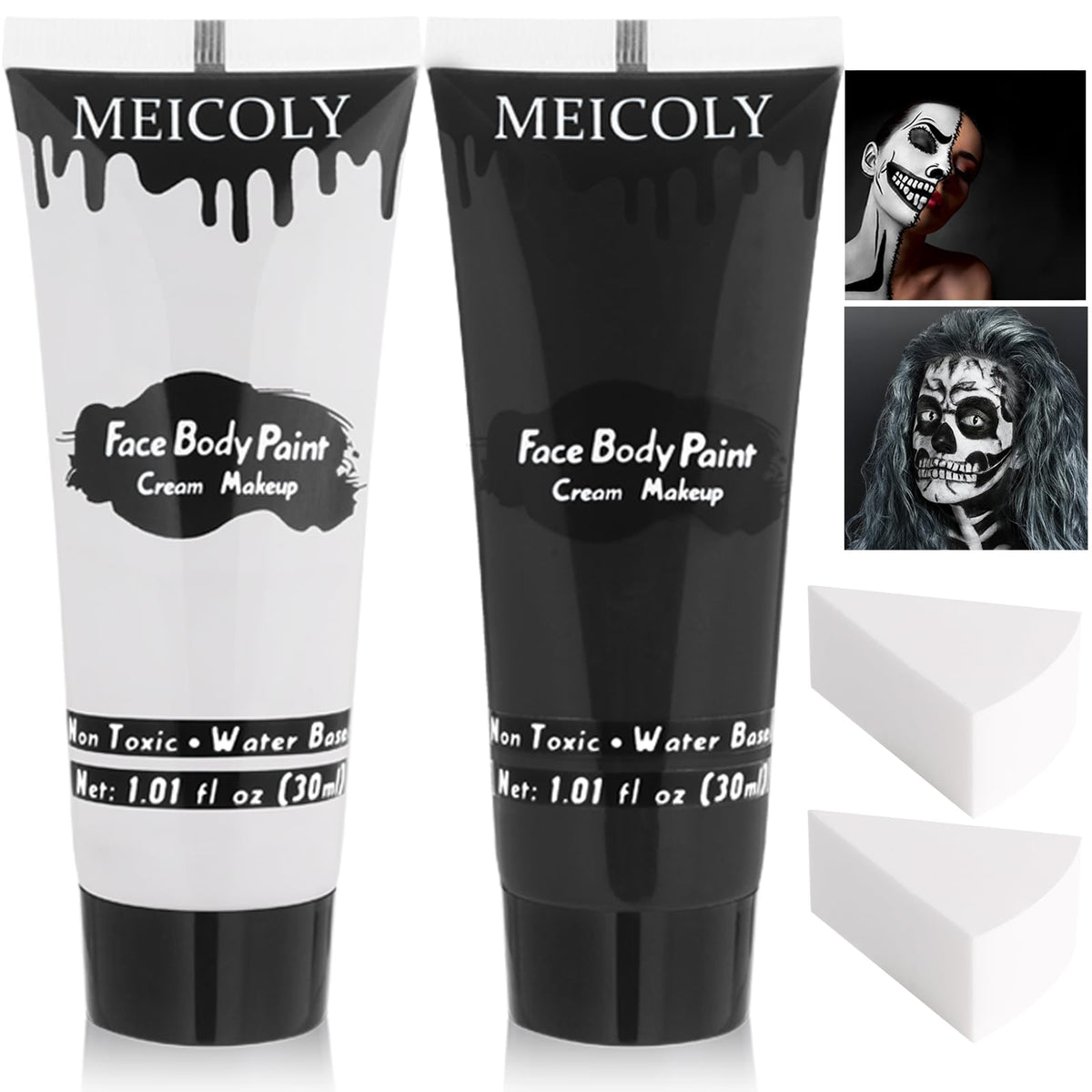 MEICOLY front packaging showing black and white paints and sponges for bold looks