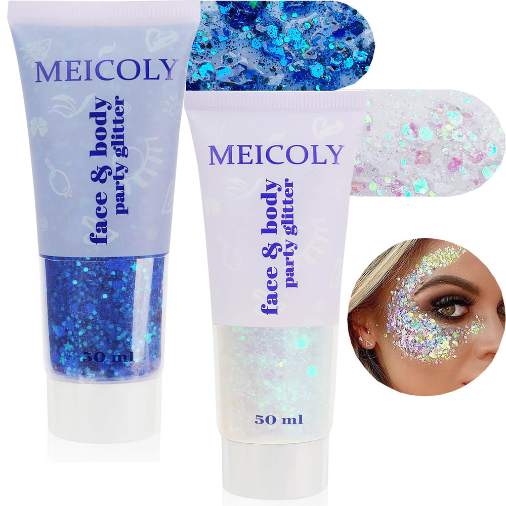 MEICOLY front packaging showing blue and clear glitter tubes and benefit for bold looks