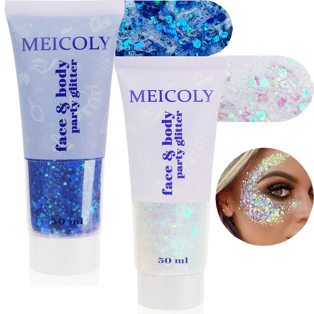 MEICOLY front packaging showing blue and clear glitter tubes and benefit for bold looks