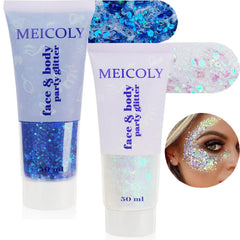 MEICOLY front packaging showing blue and clear glitter tubes and benefit for bold looks