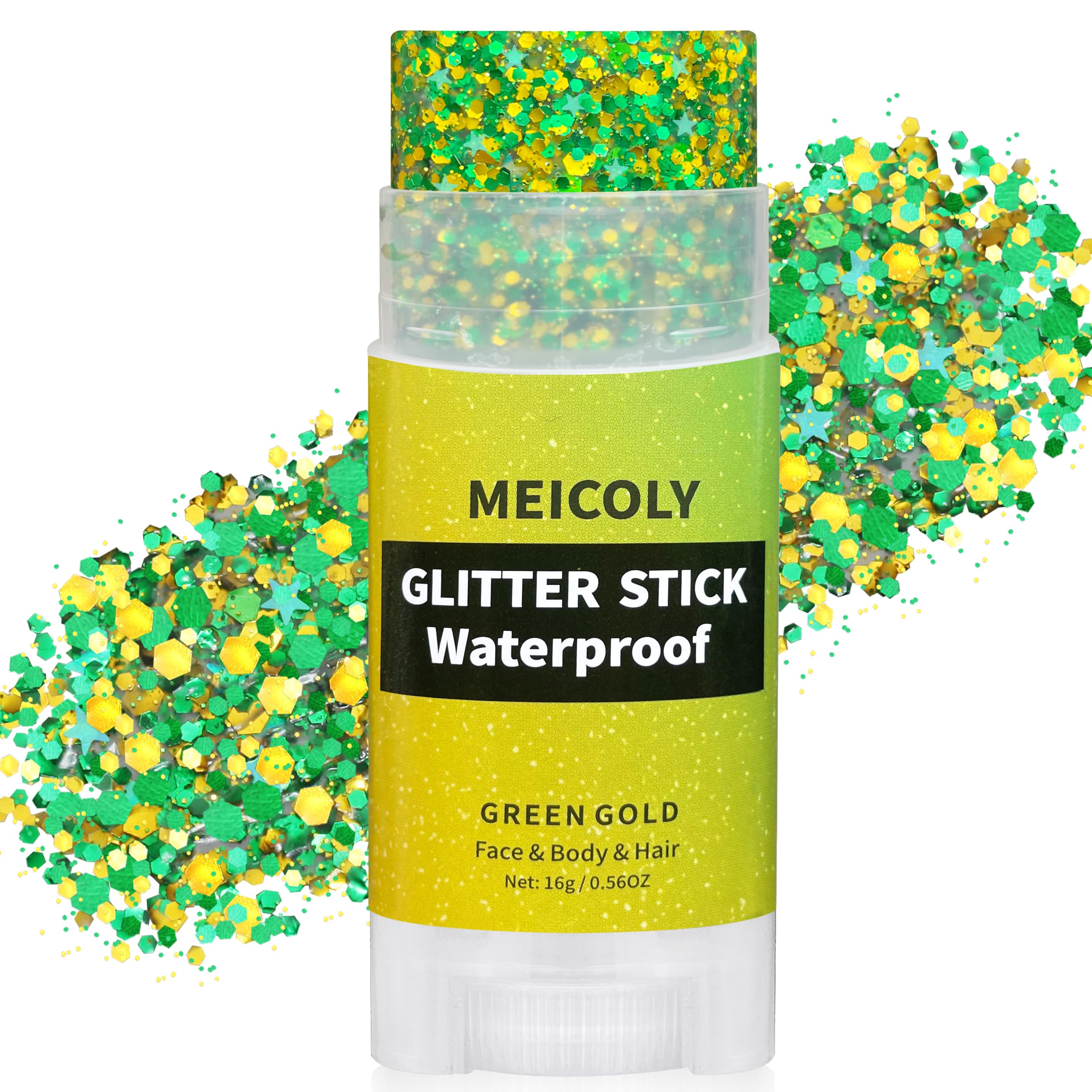 MEICOLY front packaging showing Brazil green gold glitter benefits