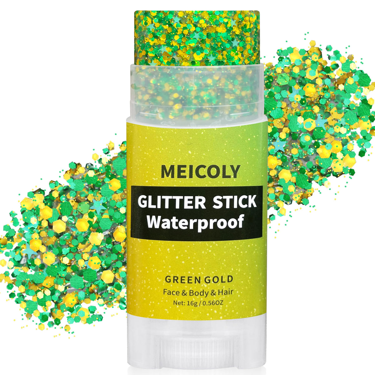 MEICOLY front packaging showing Brazil green gold glitter benefits