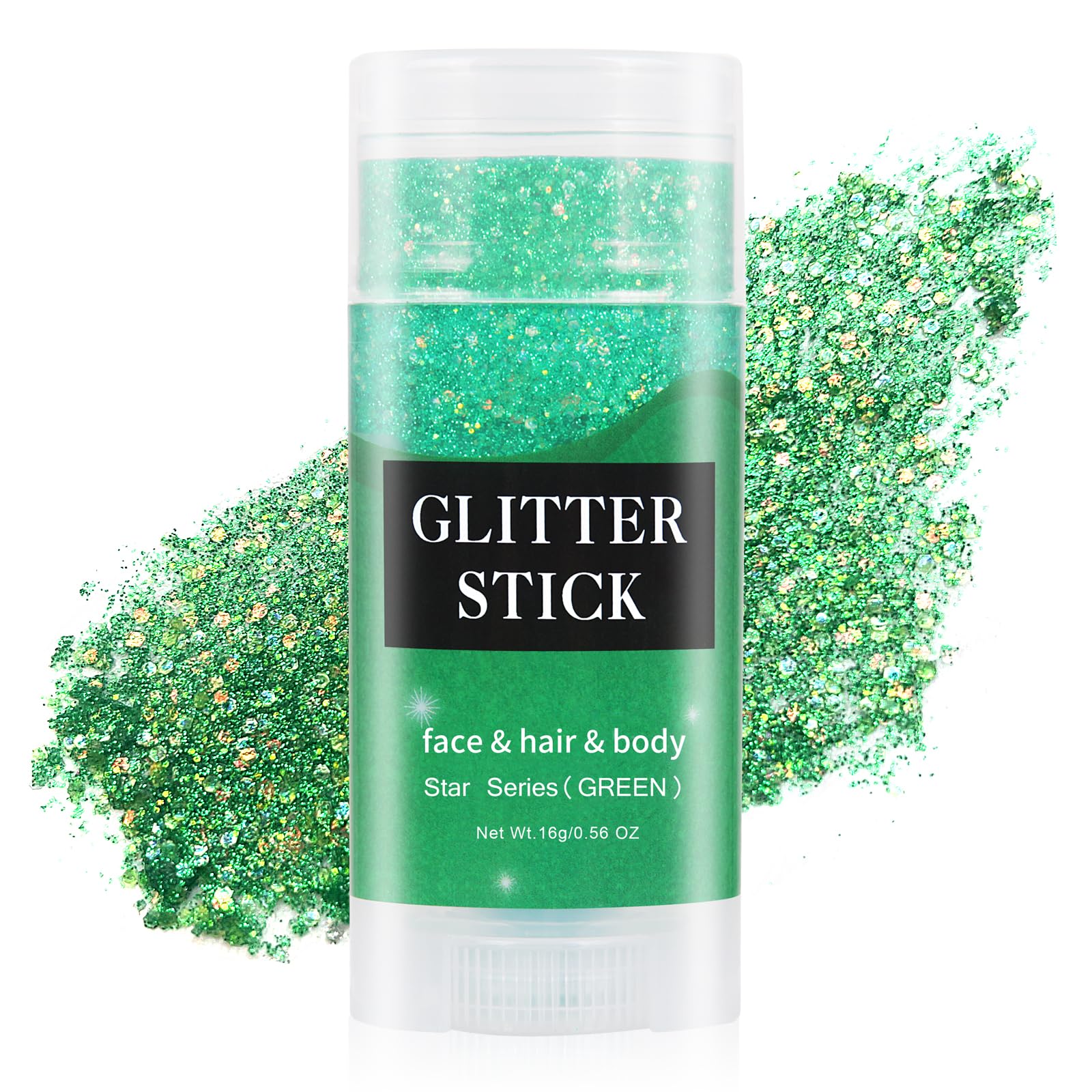 MEICOLY front packaging showing glitter stick and bright green color benefit