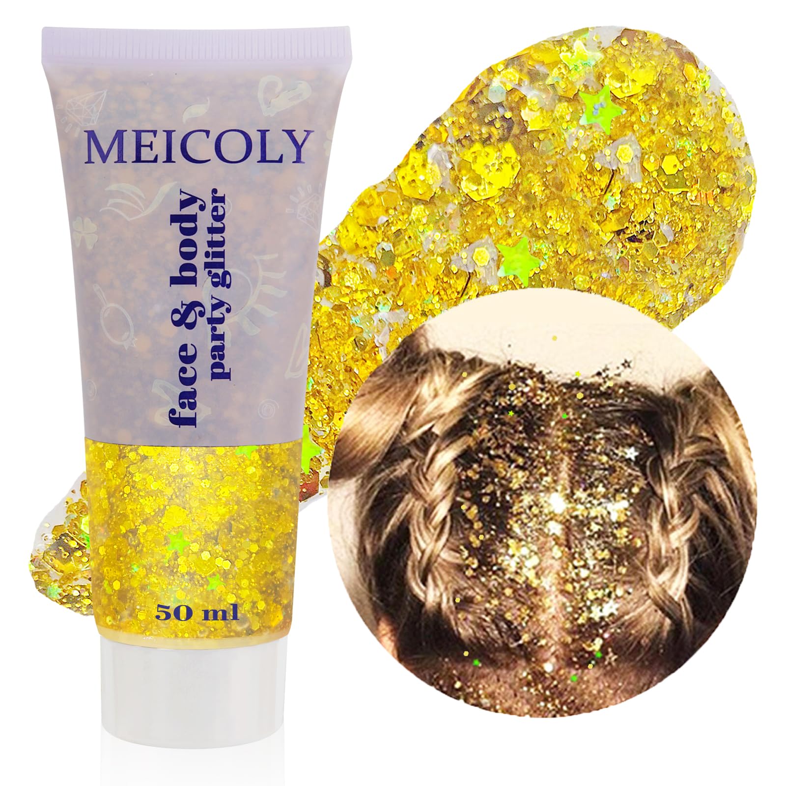 MEICOLY front packaging showing gold glitter gel and label for quick identification and benefit