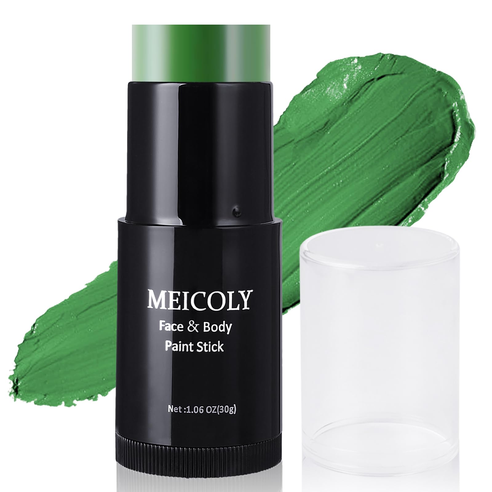 MEICOLY front packaging showing green face paint stick and portability benefit