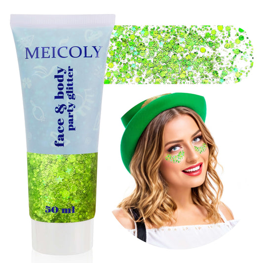 MEICOLY front packaging showing lime green glitter and easy application benefit
