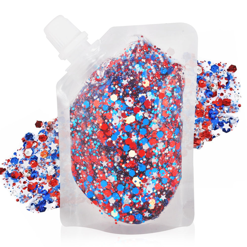 MEICOLY front packaging showing patriotic red white blue glitter and benefits