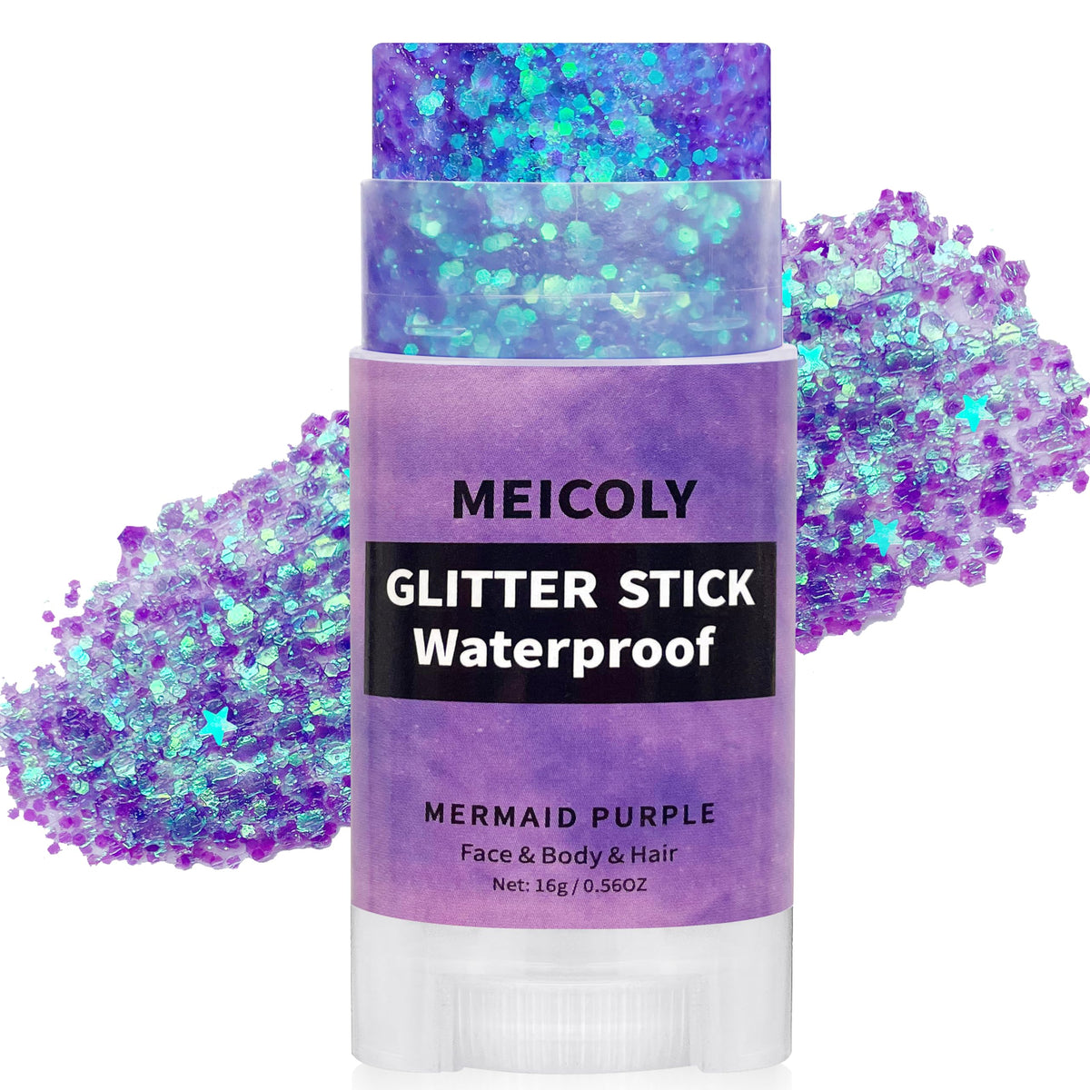 MEICOLY front packaging showing purple glitter stick for fast application