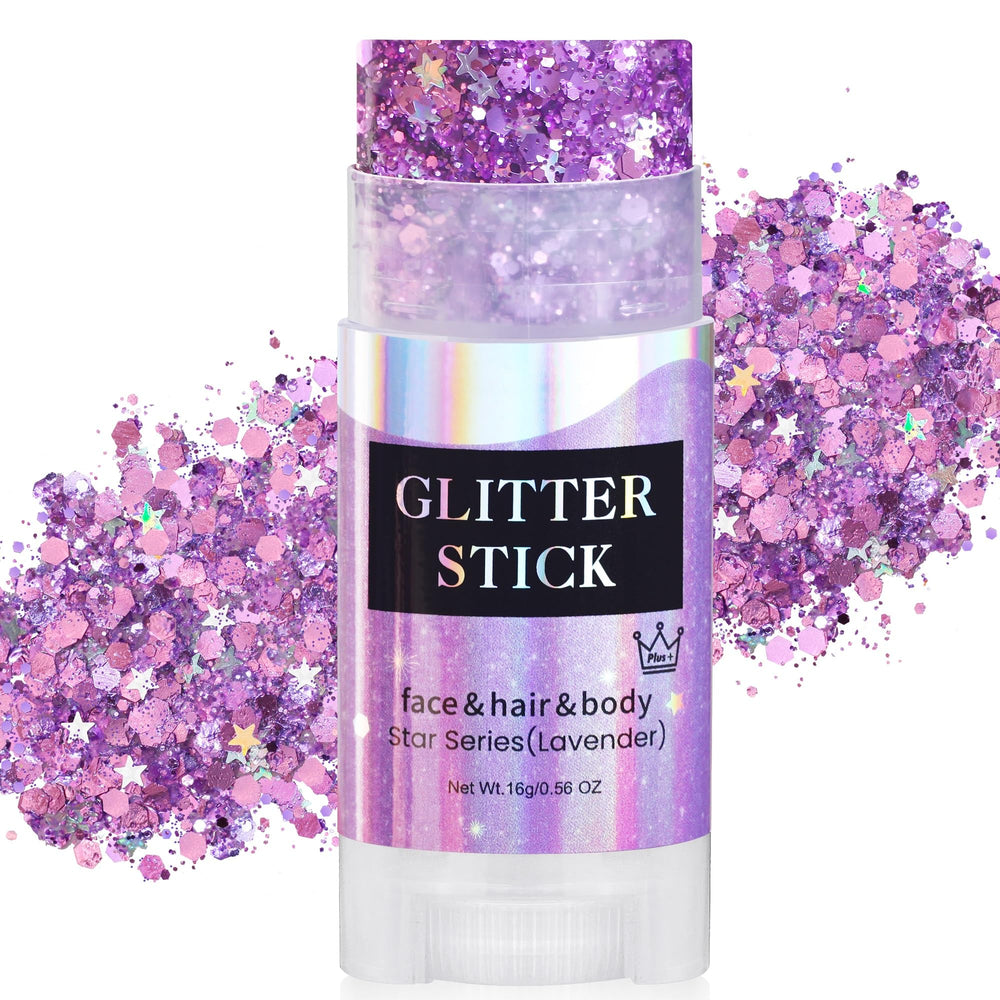 MEICOLY front packaging showing purple glitter stick and portability benefit