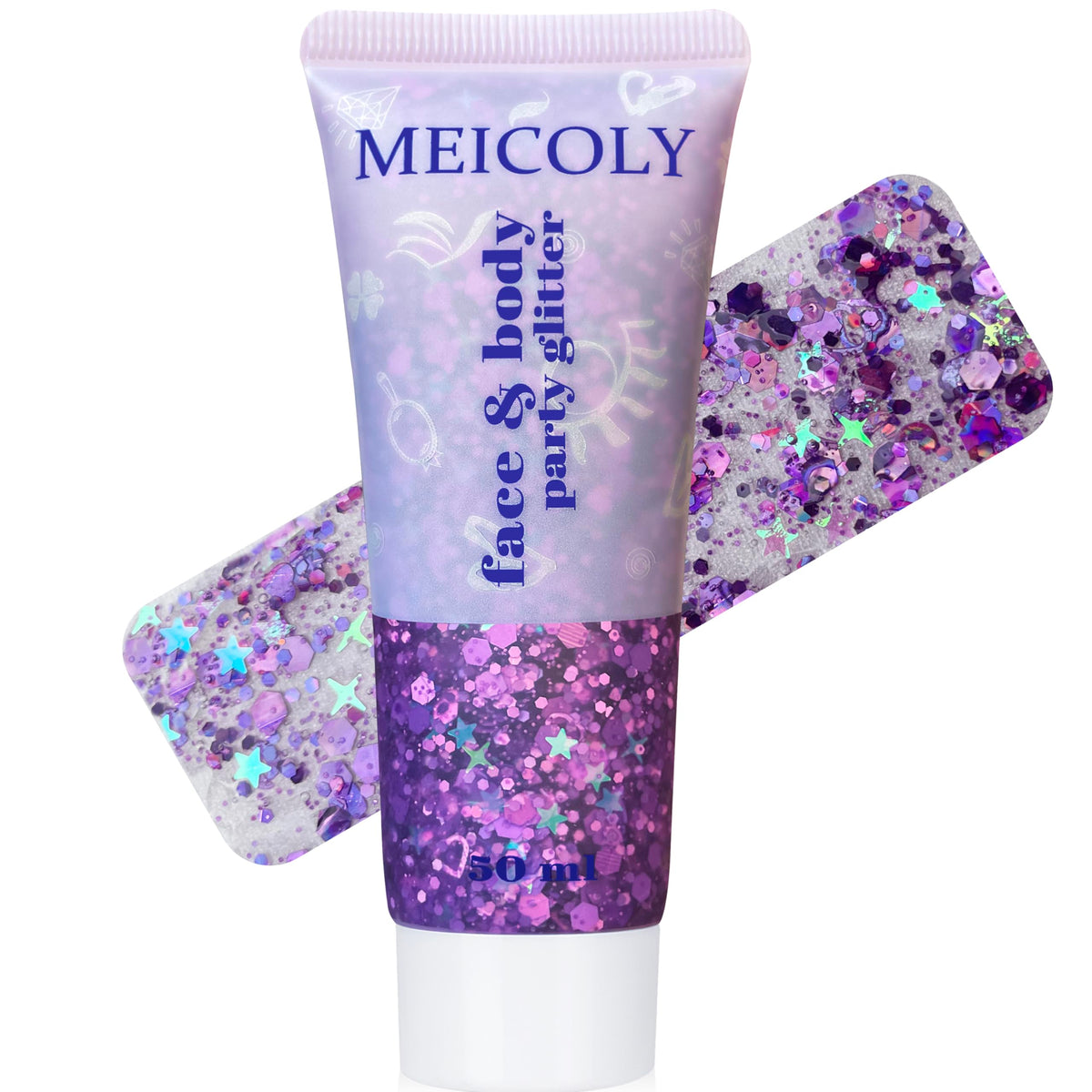 MEICOLY front packaging of purple glitter showing portability and vibrant color