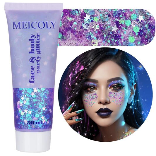 MEICOLY front packaging showing light purple holographic glitter, clear festival impact