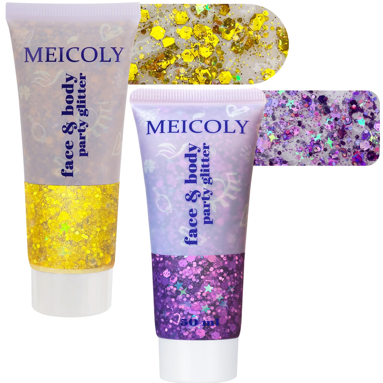 MEICOLY front packaging showing purple and gold glitter set benefits