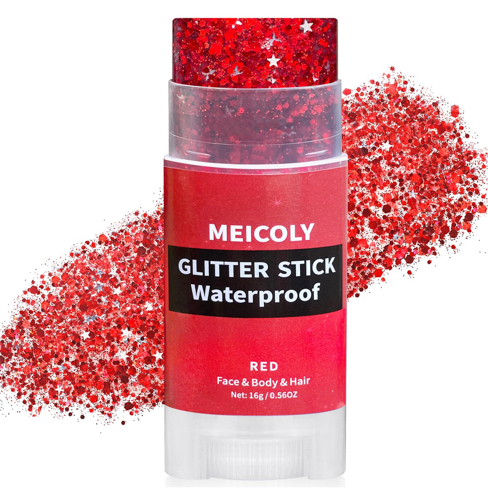 MEICOLY front packaging showing red glitter stick for portable sparkle
