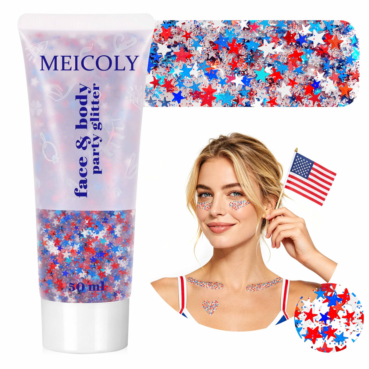 MEICOLY front packaging showing red white blue stars and gel benefits