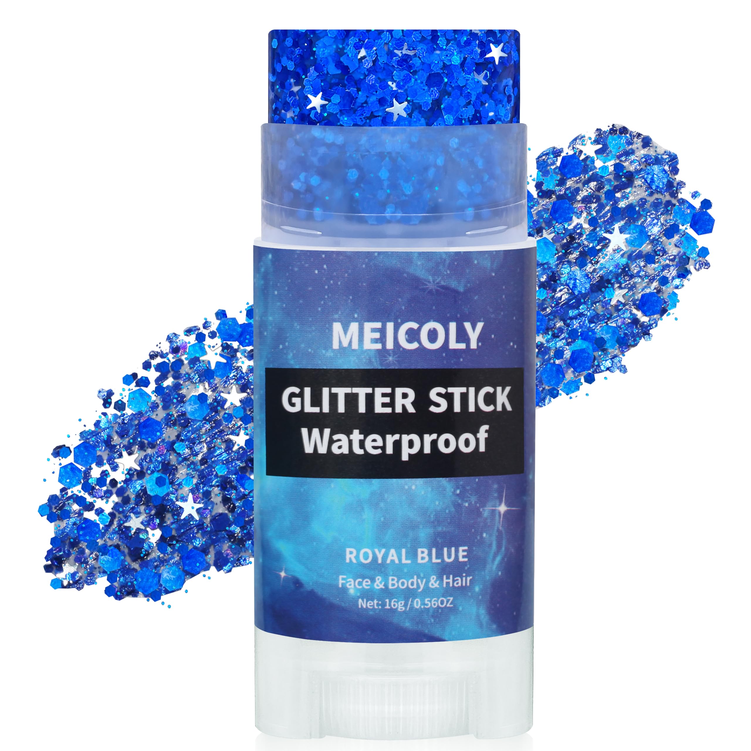 MEICOLY front packaging showing royal blue glitter stick, bold color payoff