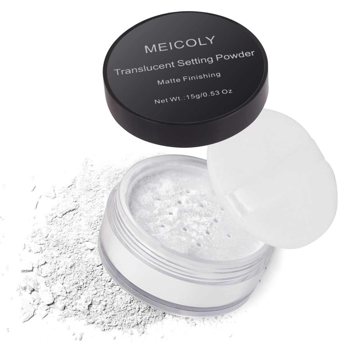 MEICOLY front packaging with sifter showing clean travel-ready design and control