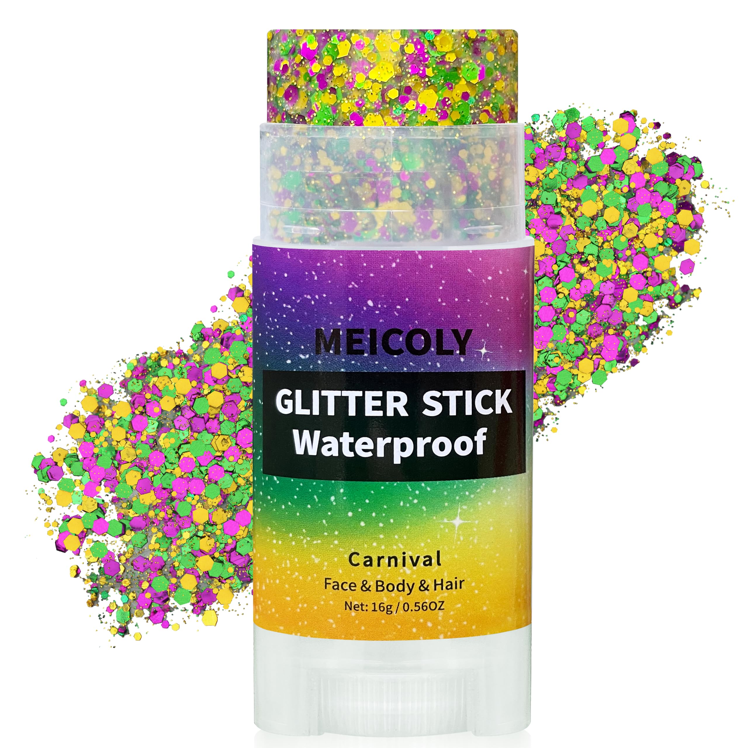 MEICOLY front packaging showing gold purple green glitter stick for quick festival looks