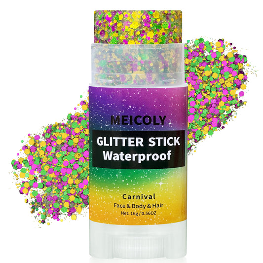 MEICOLY front packaging showing gold purple green glitter stick for quick festival looks