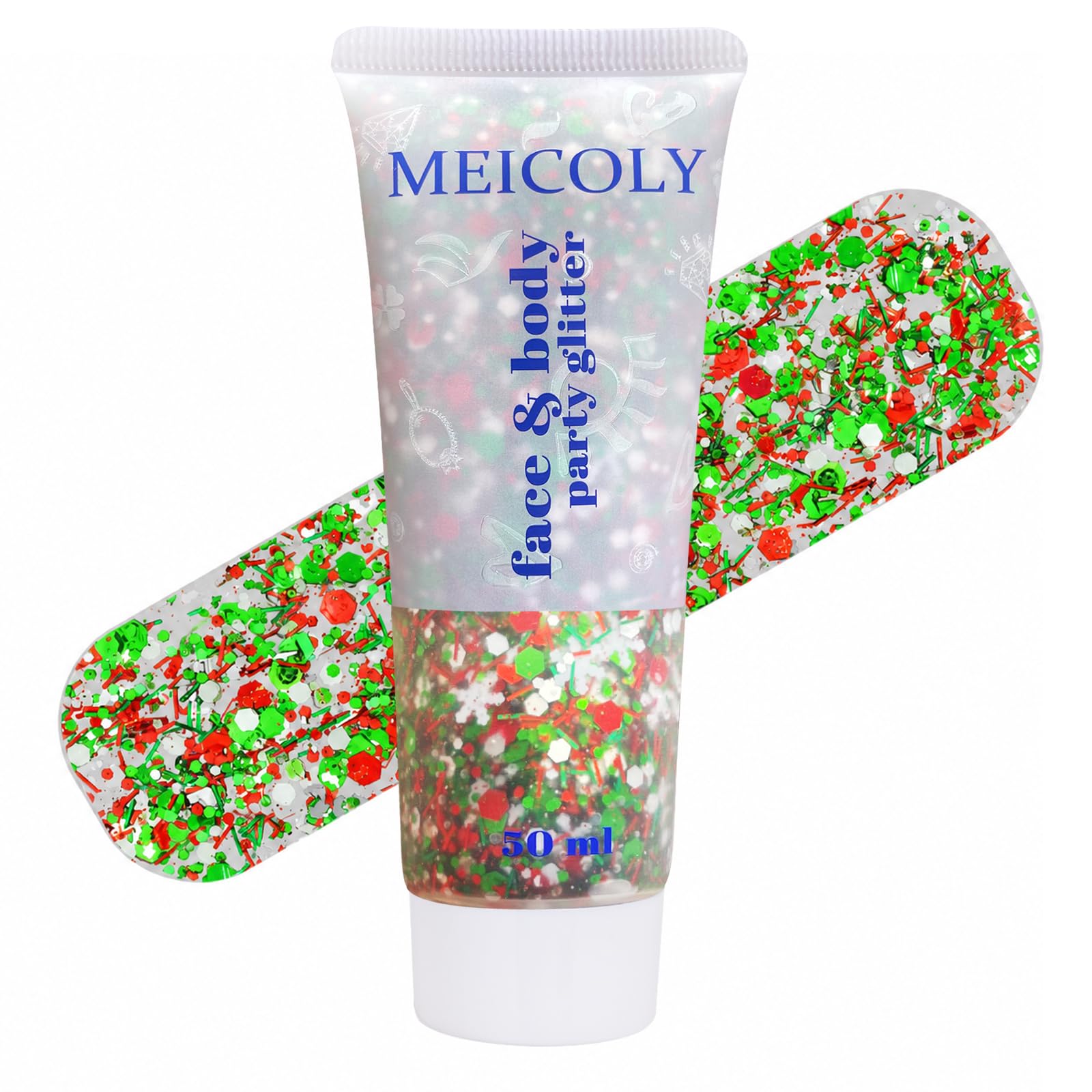 MEICOLY front packaging showing red green glitter and 50ml capacity, ready for matches