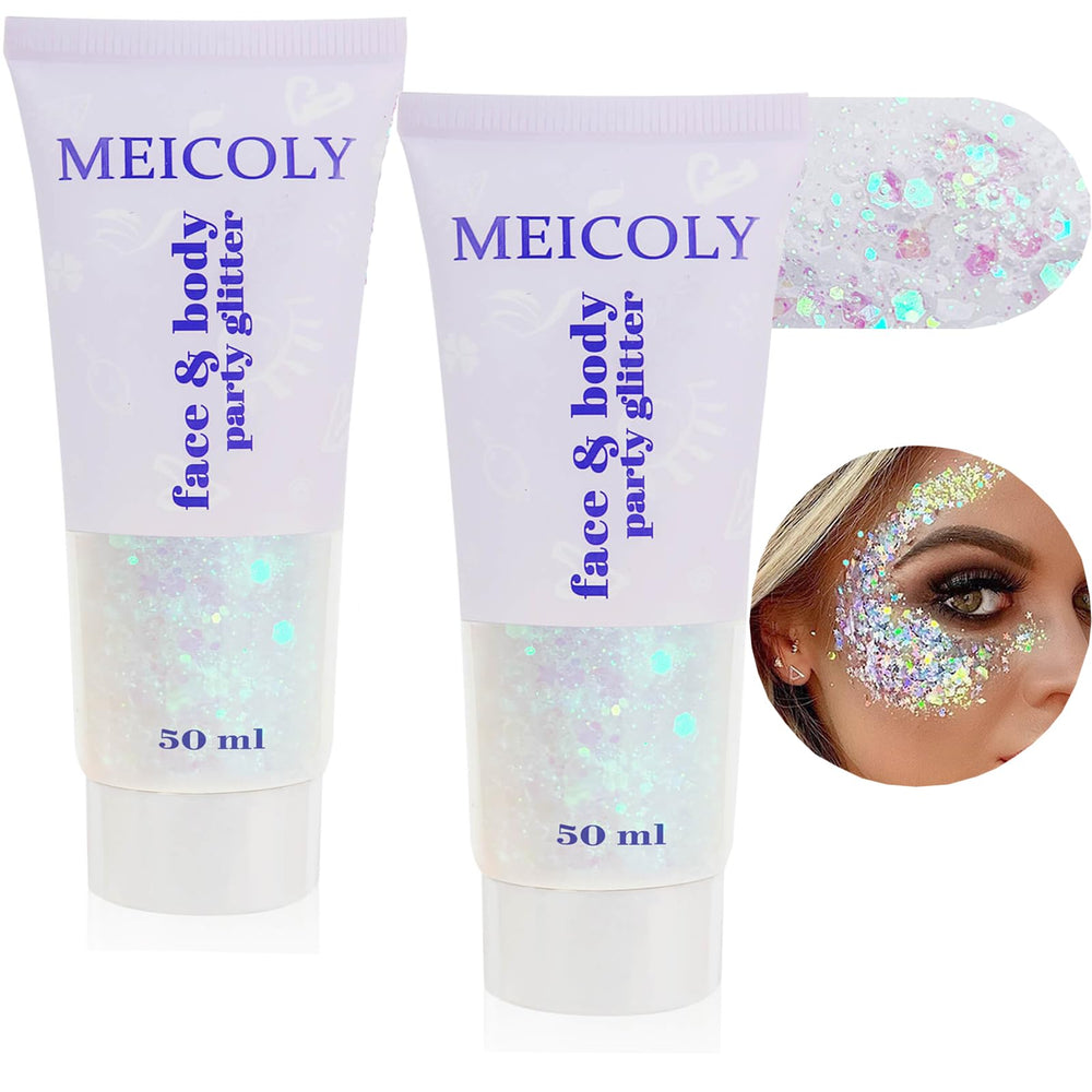 MEICOLY front packaging showing two 50ml glitter gel tubes for easy selection