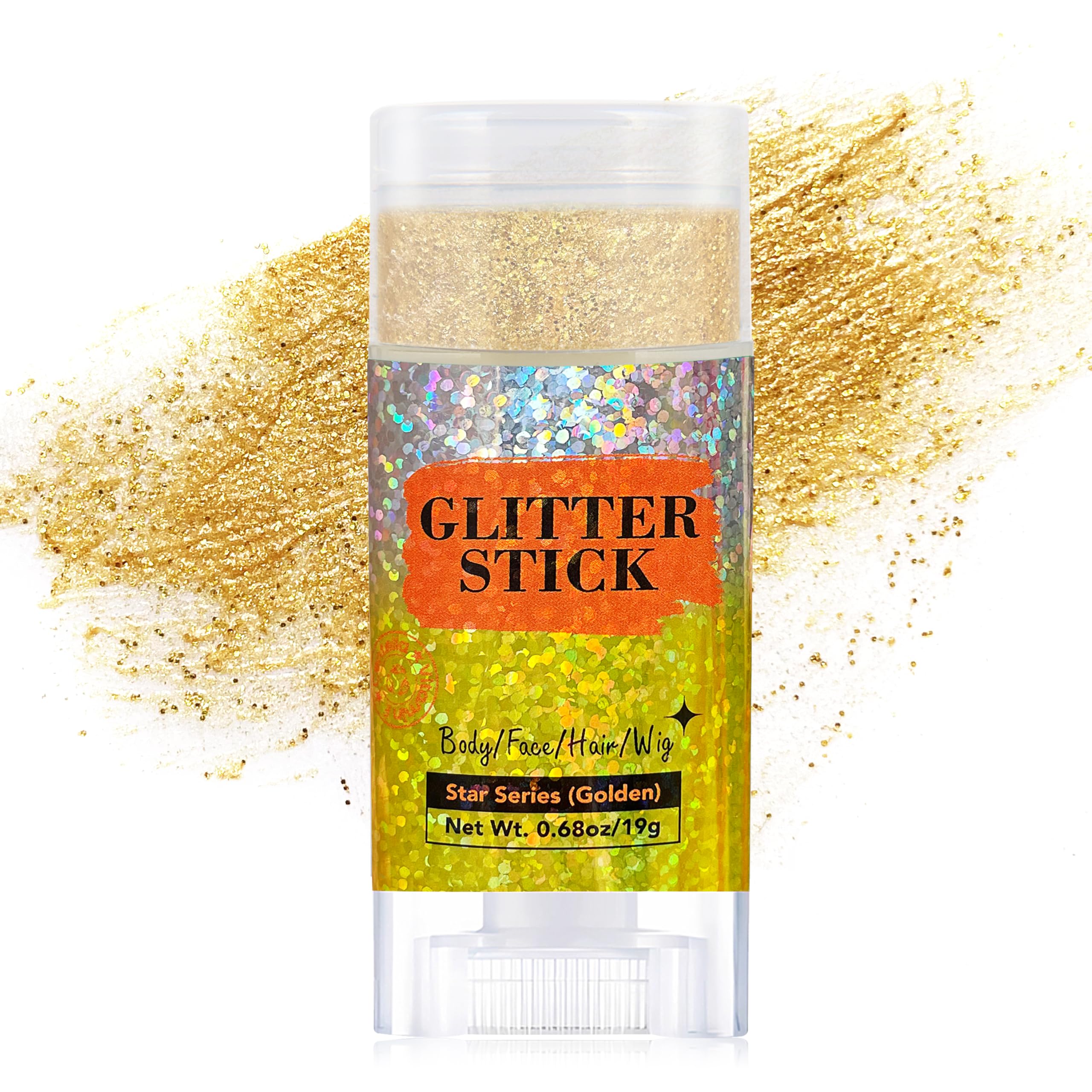 MEICOLY front packaging showing glitter stick and compact travel size benefit