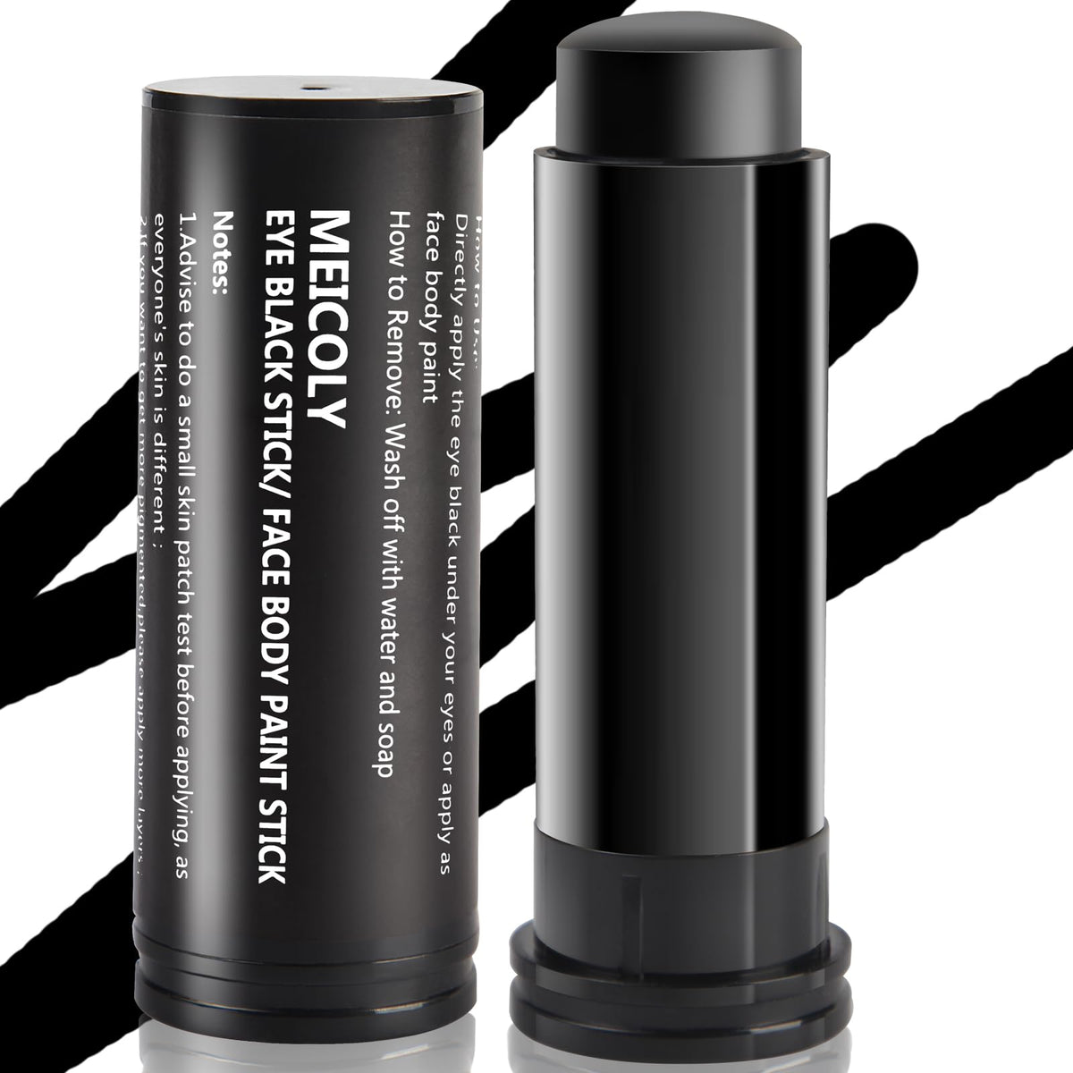 MEICOLY front view of closed eye black stick showing compact design and portability