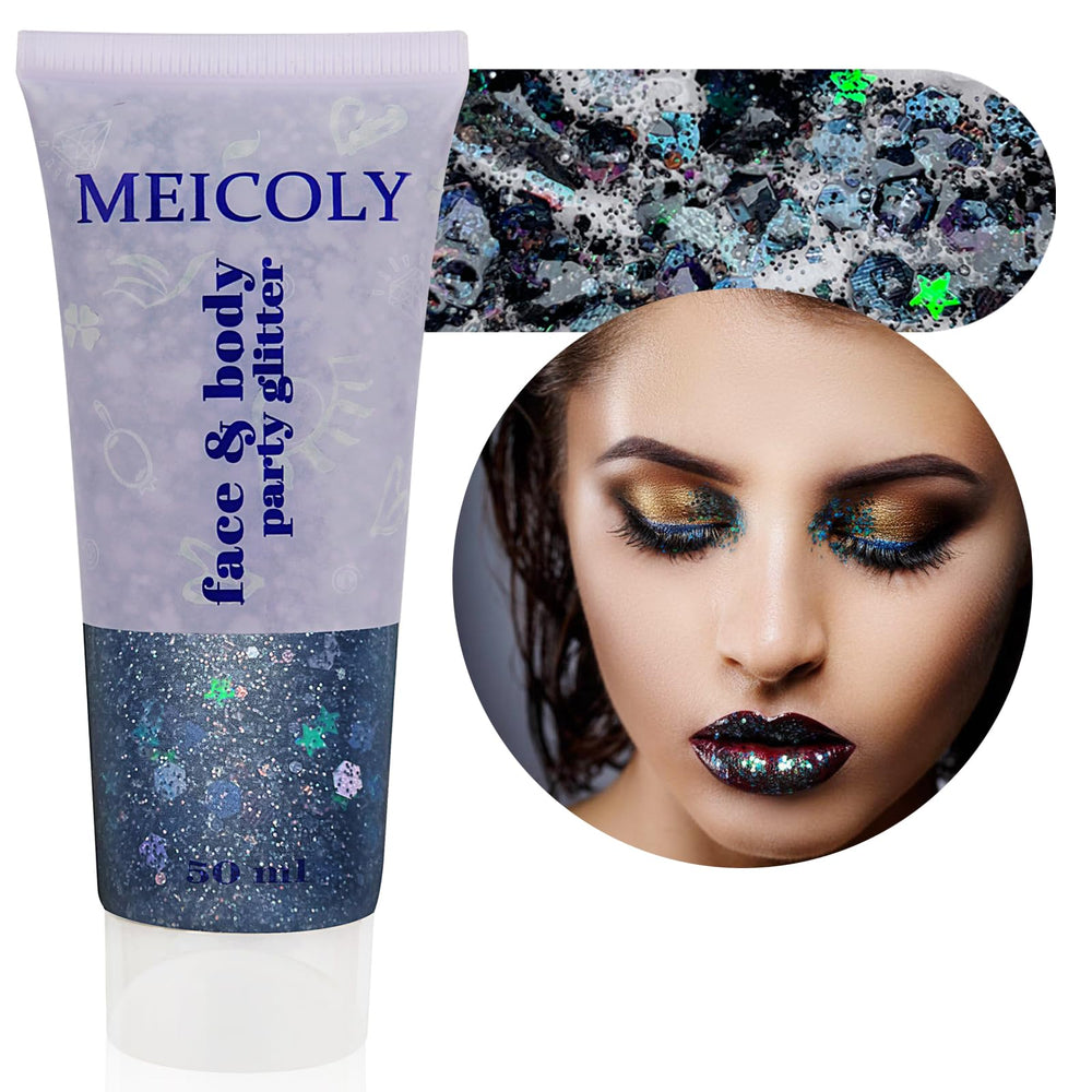 MEICOLY front tube showing black holographic glitter gel for bold sparkle