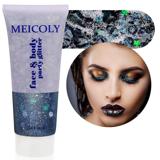 MEICOLY front tube showing black holographic glitter gel for bold sparkle