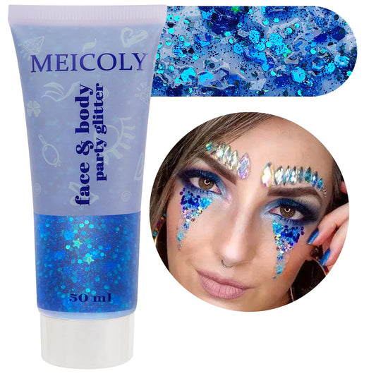 MEICOLY front tube showing holographic blue glitter gel and convenience