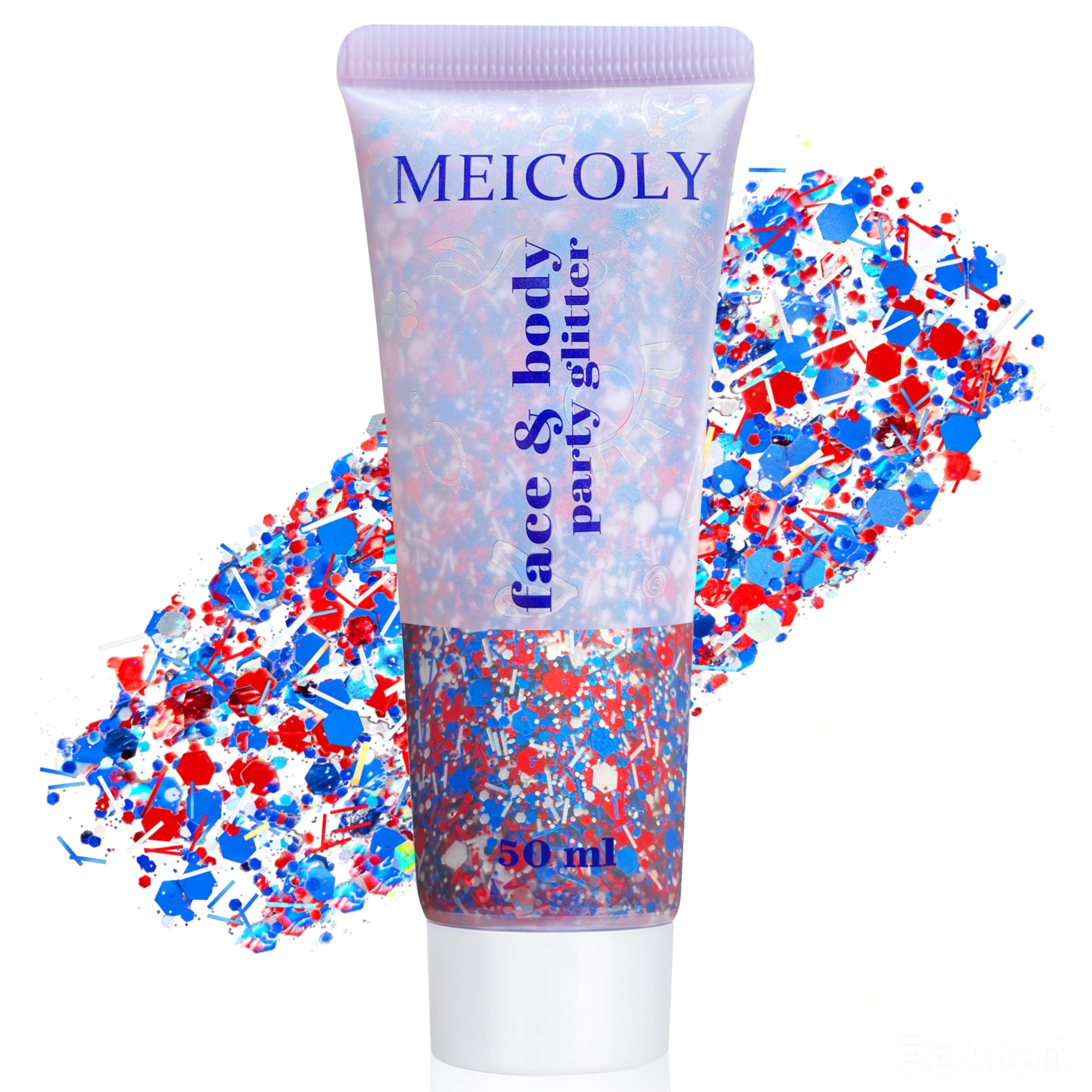 MEICOLY front tube showing red white blue glitter and easy application benefit
