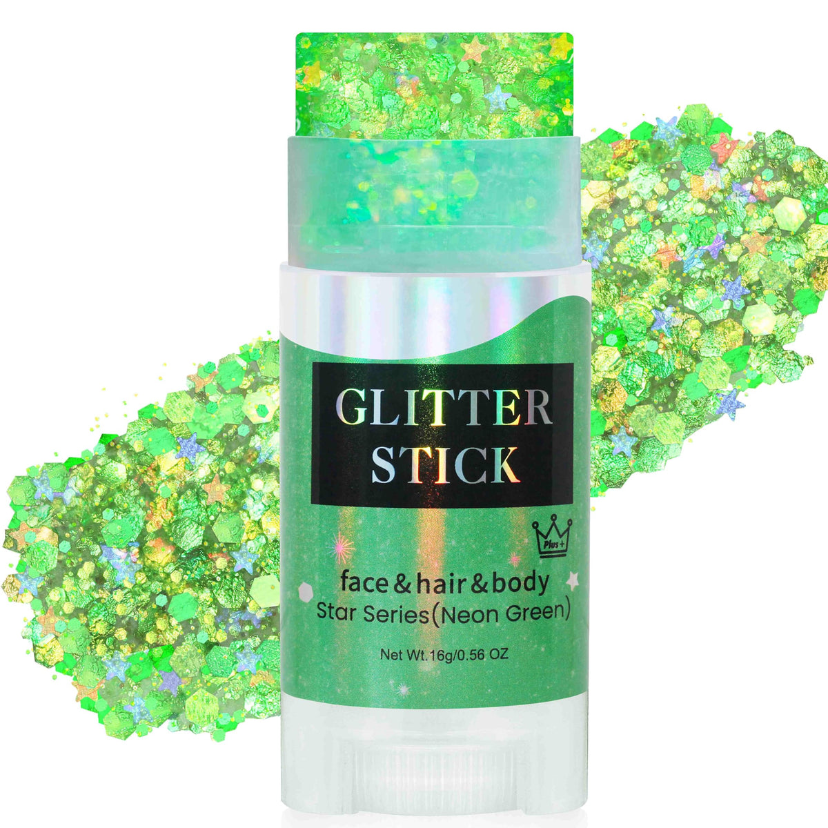 MEICOLY front view of the neon green twist-up glitter stick showing portability and ease