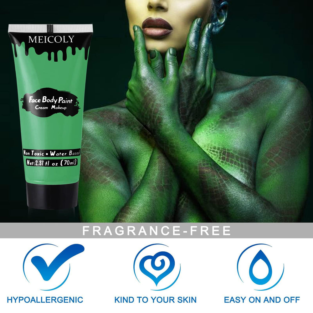 MEICOLY full-face Elphaba witch look illustrating theatrical coverage