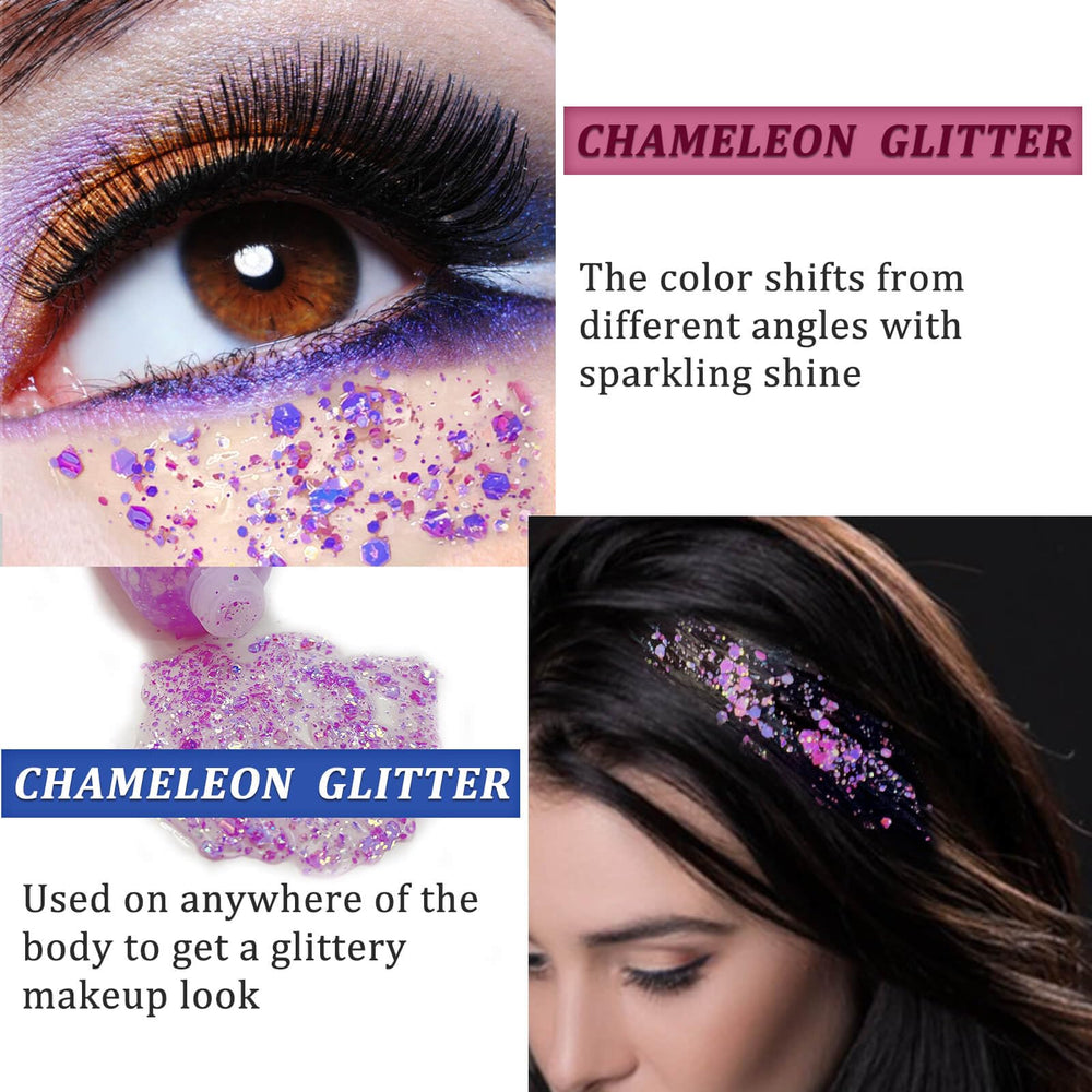 MEICOLY glitter applied on model face showing iridescent effect and eye-catching finish