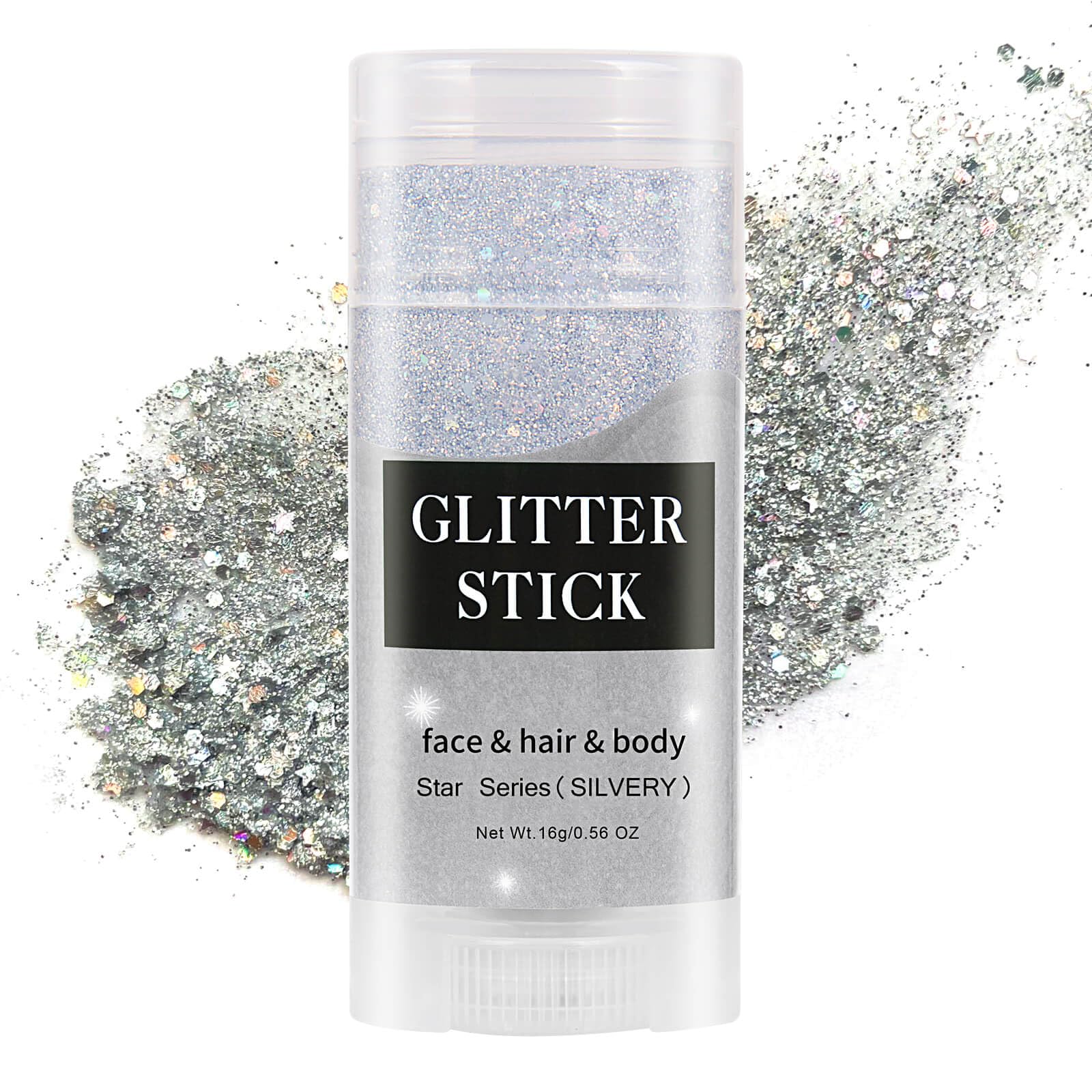 MEICOLY glitter stick front view showing twist-up applicator and silver shimmer benefit