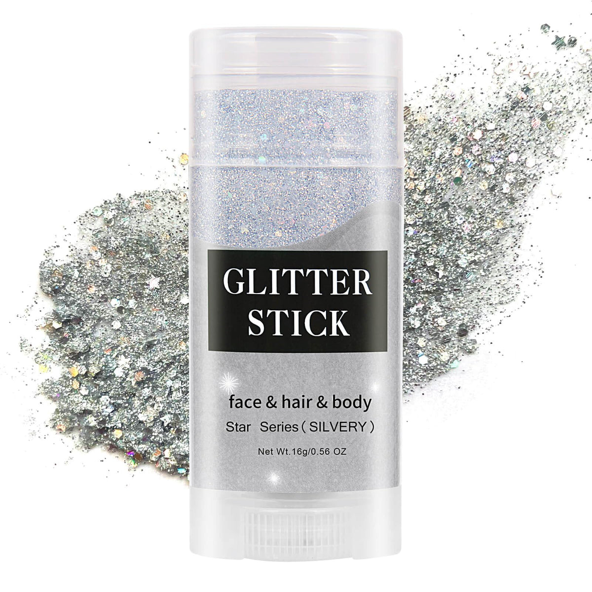 MEICOLY glitter stick front view showing twist-up applicator and silver shimmer benefit