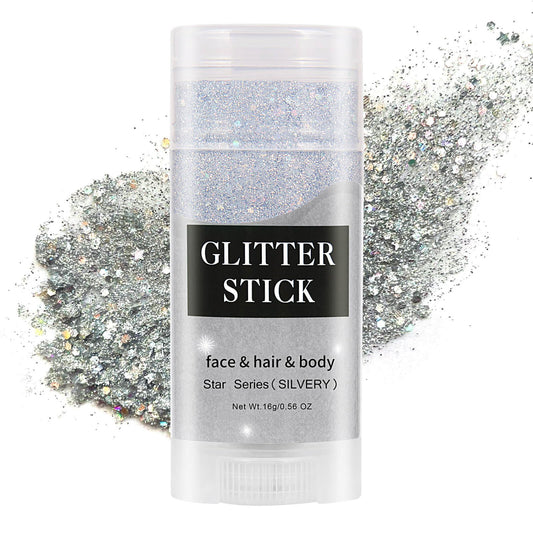 MEICOLY glitter stick front view showing twist-up applicator and silver shimmer benefit