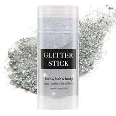 MEICOLY glitter stick front view showing twist-up applicator and silver shimmer benefit