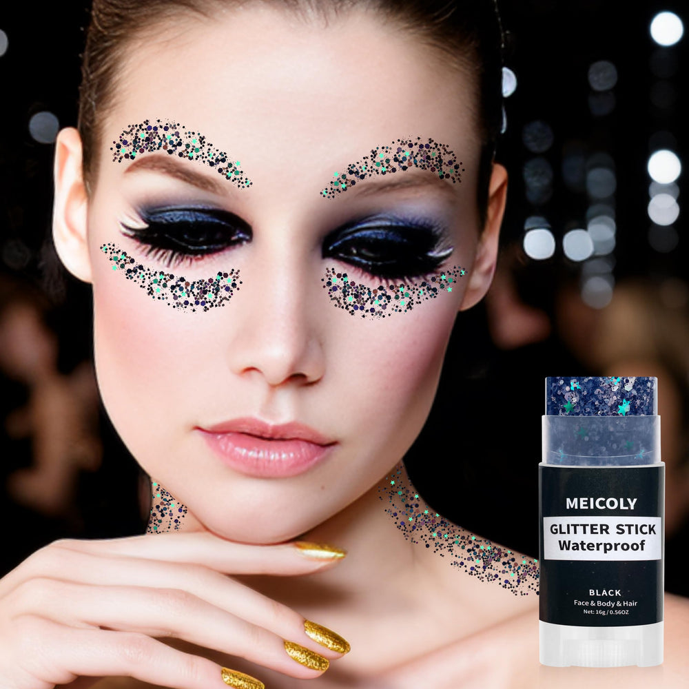 MEICOLY glitter stick open cap showing twist-up mechanism and clear label