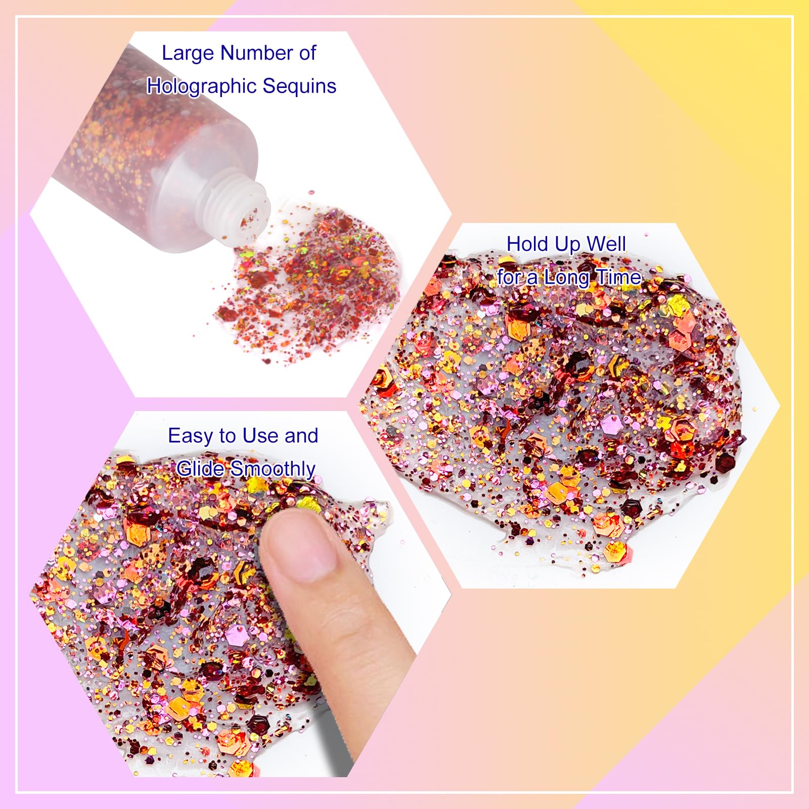 MEICOLY glitter texture closeup highlighting holographic sparkle benefit