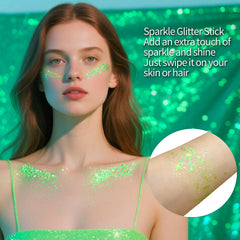 MEICOLY swatch showing chunky neon green glitter texture and intense shimmer