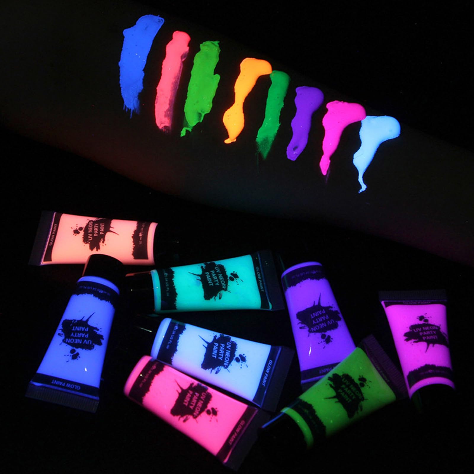 MEICOLY glowing paint under blacklight demonstrating intense fluorescence