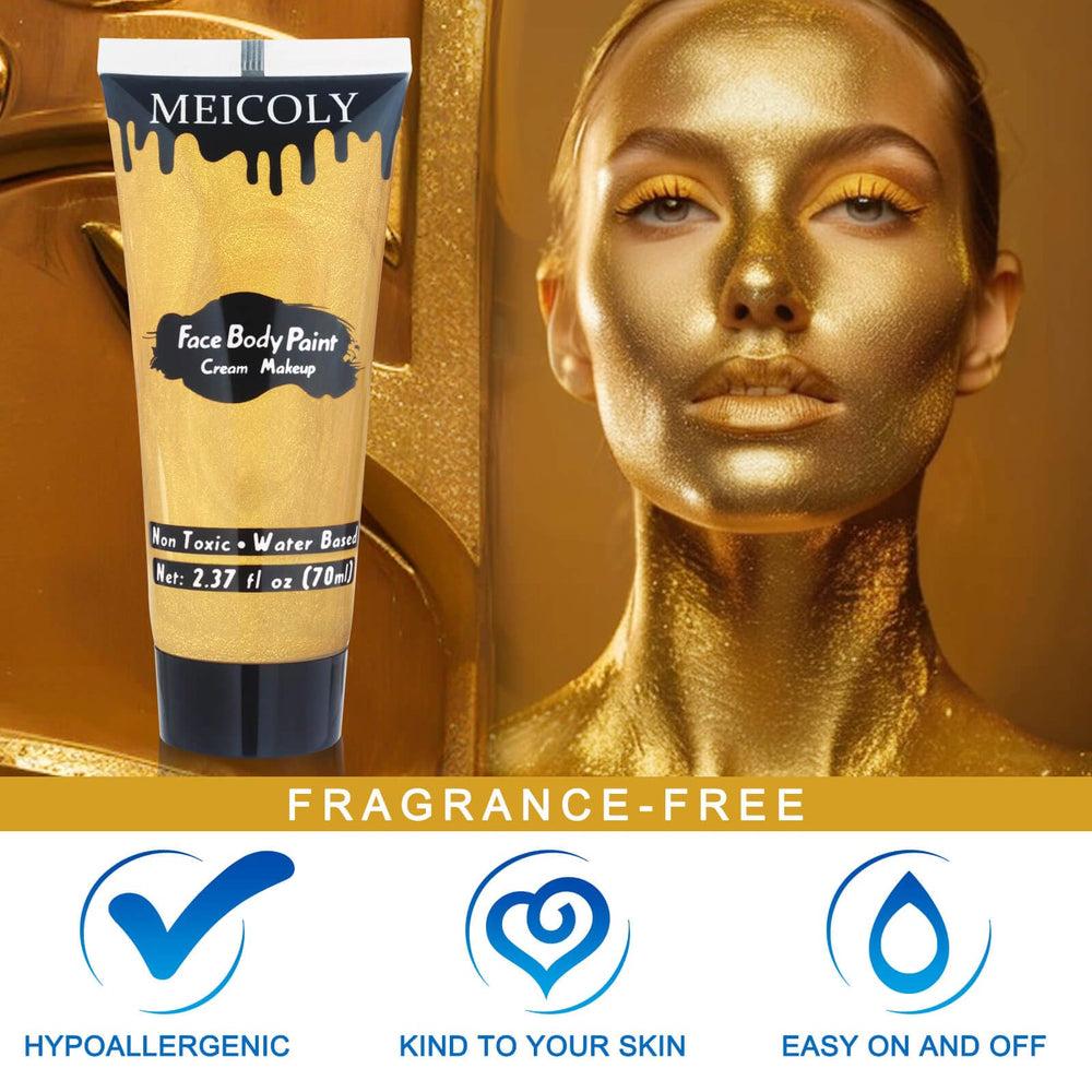 MEICOLY half-face application showing dramatic metallic effect