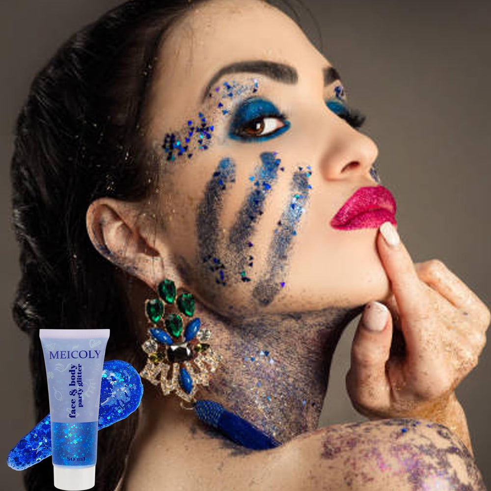 MEICOLY blue glitter used along hair parting for festival-ready shine